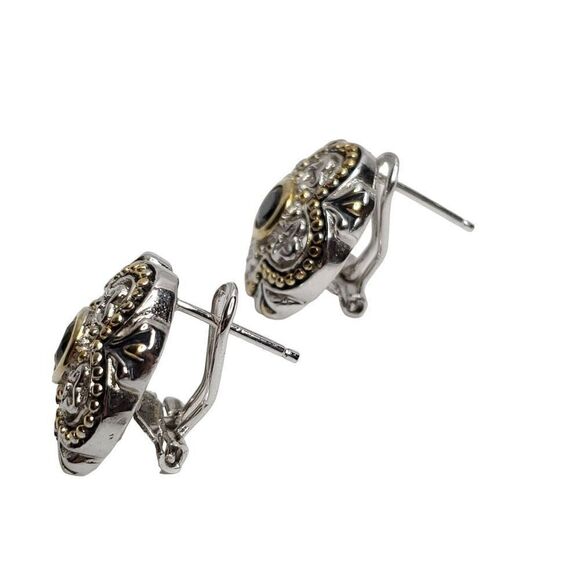 Sterling Silver Floral Filigree Ornate Earrings Black Gem Cut Stone Goldtone - Picture 3 of 6